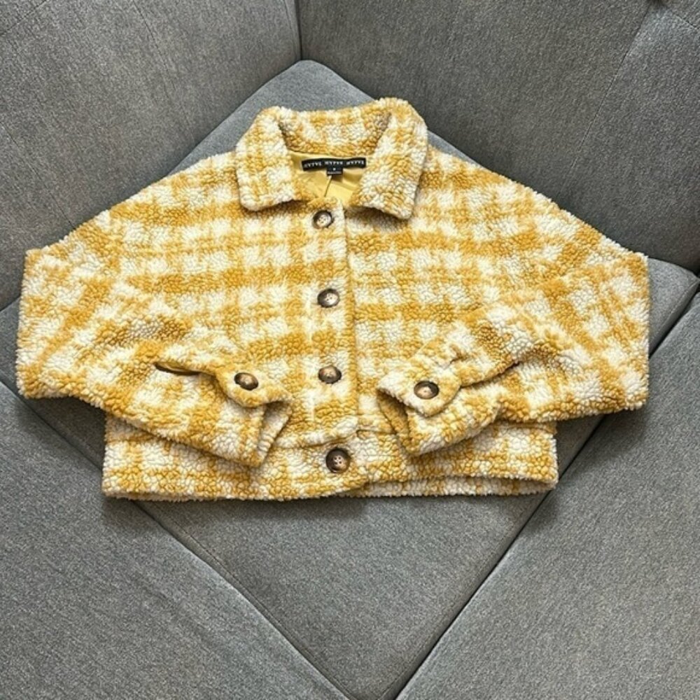 HYFVE Size Small Cropped Peacoat Button Up Jacket Mustard Yellow and Cream Plaid